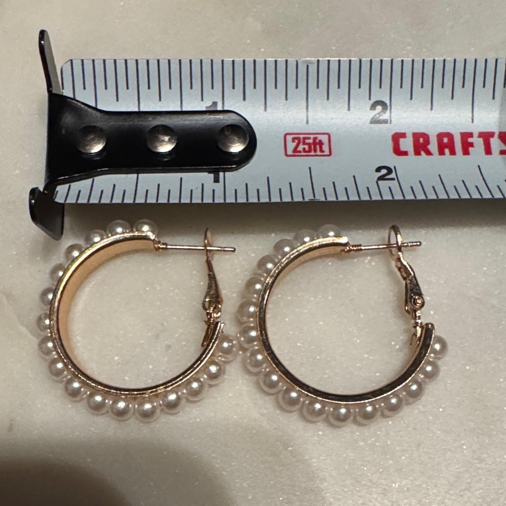 Elegant Gold & Pearl Hoop Earrings 1” Omega Back French Clip Dainty Jewelry - Picture 2 of 11